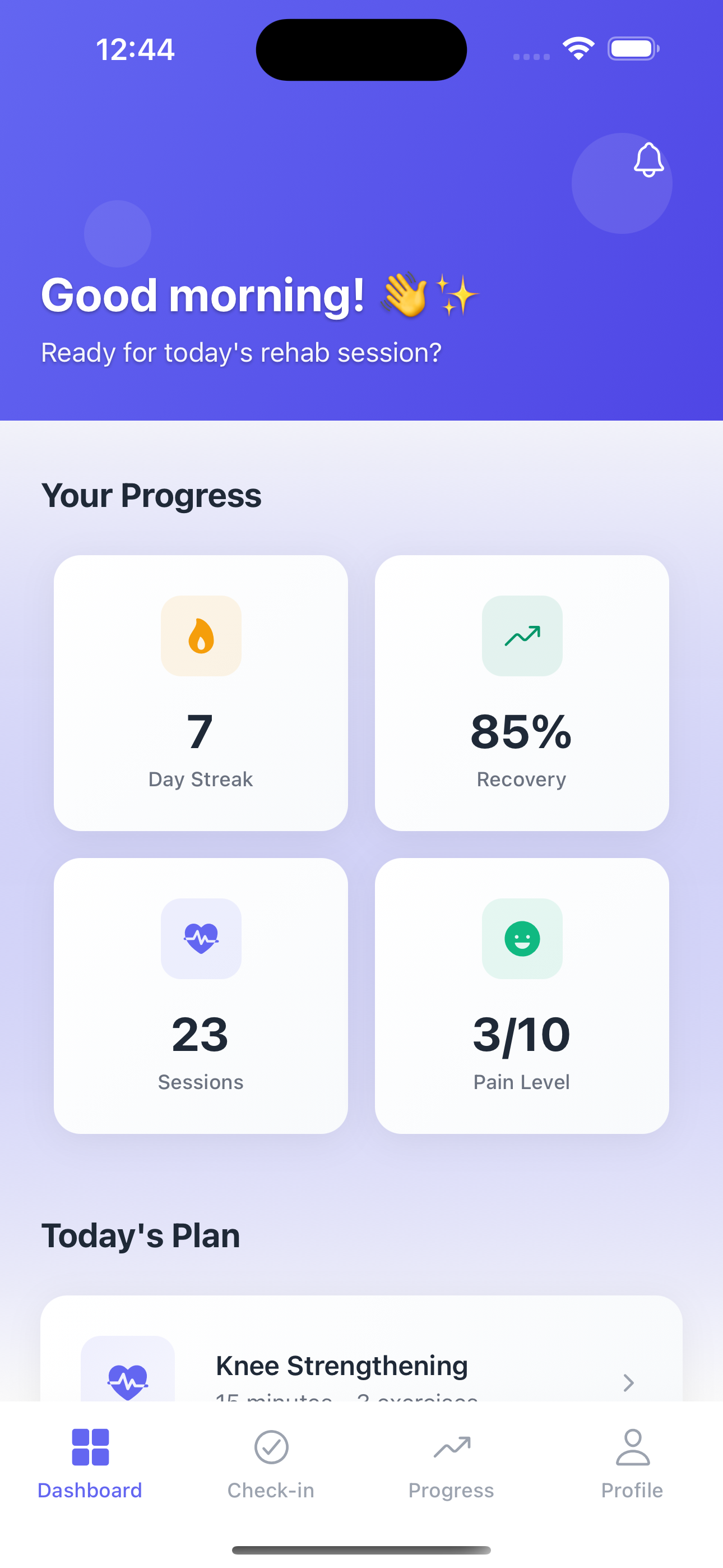 Rebound physical therapy app interface showing personalized exercise program and progress tracking features